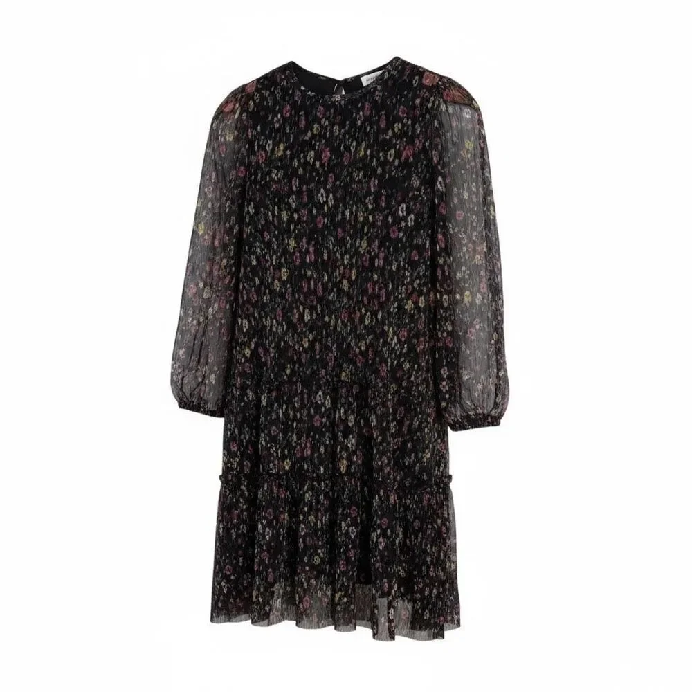 Zara Floral Pleated Sheer Sleeve Keyhole Back Tiered Mini Dress Black Size 11-12